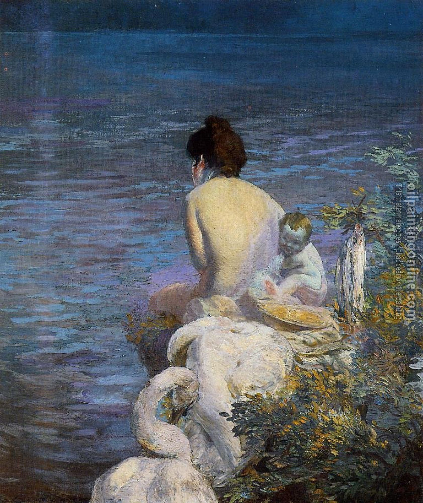 Besnard, Paul Albert - Bather with Child and Swan by the Sea